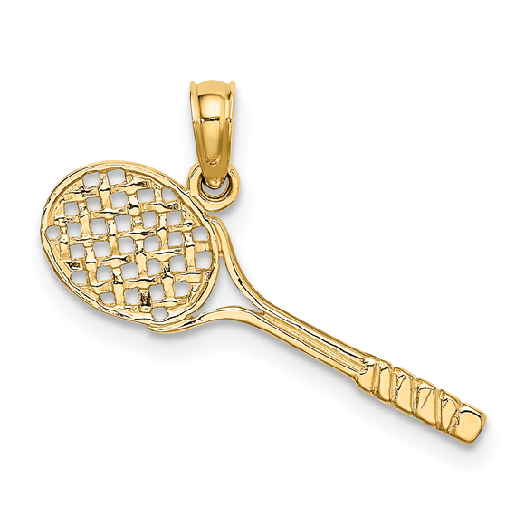 Million Charms 14k Yellow Gold Solid 3-D Tennis Racquet Necklace Charm Pendant - Picture 4 of 5